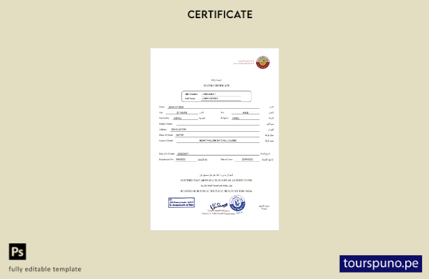 Plantilla de certificado de defunción de Qatar lista para imprimir en formato Wo